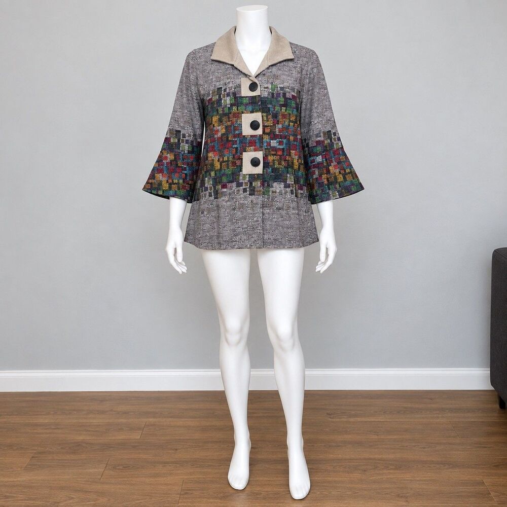 Damee Womens Large Artsy Geometric Knit Jacket Flared Sleeve Lagenlook Boho Gray